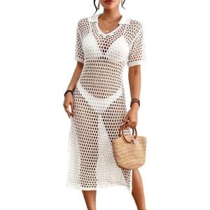 imageBsubseach Womens Swimwear Cover Ups Crochet Beach Cover Up Hollow Out Side Split Swimsuit Cover Up Beach DressWhite
