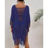 imageBsubseach Sheer Beach Cover Ups for Women Swimwear Fringe Hollow Out Swimsuit Coverup Sexy Beach Bathing Suit Cover UpBlue