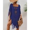 imageBsubseach Sheer Beach Cover Ups for Women Swimwear Fringe Hollow Out Swimsuit Coverup Sexy Beach Bathing Suit Cover UpBlue