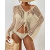 imageBsubseach Women Crochet Swim Cover Up Long Sleeve Beach Cover Up Bathing Suits Knit Drawstring Ruched CropApricot