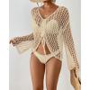 imageBsubseach Women Crochet Swim Cover Up Long Sleeve Beach Cover Up Bathing Suits Knit Drawstring Ruched CropApricot