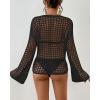 imageBsubseach Women Crochet Swim Cover Up Long Sleeve Beach Cover Up Bathing Suits Knit Drawstring Ruched CropBlack