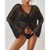 imageBsubseach Women Crochet Swim Cover Up Long Sleeve Beach Cover Up Bathing Suits Knit Drawstring Ruched CropBlack