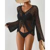 imageBsubseach Women Crochet Swim Cover Up Long Sleeve Beach Cover Up Bathing Suits Knit Drawstring Ruched CropBlack