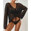 imageBsubseach Women Crochet Swim Cover Up Long Sleeve Beach Cover Up Bathing Suits Knit Drawstring Ruched CropBlack
