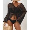 imageBsubseach Women Crochet Swim Cover Up Long Sleeve Beach Cover Up Bathing Suits Knit Drawstring Ruched CropBlack