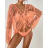 imageBsubseach Women Crochet Swim Cover Up Long Sleeve Beach Cover Up Bathing Suits Knit Drawstring Ruched CropOrange