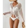 imageBsubseach Women Crochet Swim Cover Up Long Sleeve Beach Cover Up Bathing Suits Knit Drawstring Ruched CropWhite