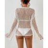 imageBsubseach Women Crochet Swim Cover Up Long Sleeve Beach Cover Up Bathing Suits Knit Drawstring Ruched CropWhite