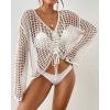 imageBsubseach Women Crochet Swim Cover Up Long Sleeve Beach Cover Up Bathing Suits Knit Drawstring Ruched CropWhite
