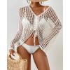 imageBsubseach Women Crochet Swim Cover Up Long Sleeve Beach Cover Up Bathing Suits Knit Drawstring Ruched CropWhite