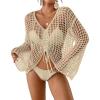 imageBsubseach Women Crochet Swim Cover Up Long Sleeve Beach Cover Up Bathing Suits Knit Drawstring Ruched CropApricot