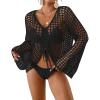 imageBsubseach Women Crochet Swim Cover Up Long Sleeve Beach Cover Up Bathing Suits Knit Drawstring Ruched CropBlack