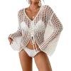 imageBsubseach Women Crochet Swim Cover Up Long Sleeve Beach Cover Up Bathing Suits Knit Drawstring Ruched CropWhite
