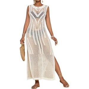 imageBsubseach Crochet Beach Cover Ups for Women Hollow Out Sleeveless Swimsuit Cover Up Swimwear Bikini Coverup DressWhite