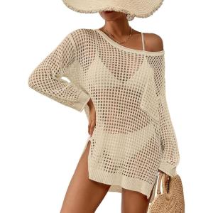imageBsubseach Crochet Cover Up for Swimwear Women Pool Swimsuit Coverup Long Sleeve Beach Knit TopsApricot
