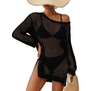imageBsubseach Crochet Cover Up for Swimwear Women Pool Swimsuit Coverup Long Sleeve Beach Knit TopsBlack