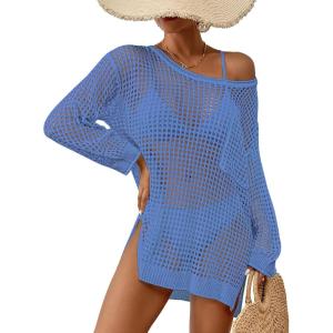 imageBsubseach Crochet Cover Up for Swimwear Women Pool Swimsuit Coverup Long Sleeve Beach Knit TopsBlue