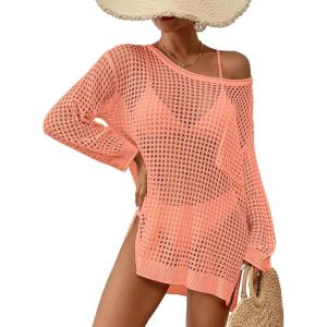 imageBsubseach Crochet Cover Up for Swimwear Women Pool Swimsuit Coverup Long Sleeve Beach Knit TopsCoral