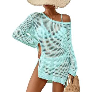 imageBsubseach Crochet Cover Up for Swimwear Women Pool Swimsuit Coverup Long Sleeve Beach Knit TopsCyan