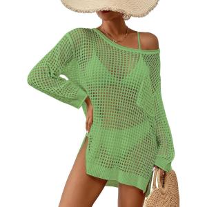imageBsubseach Crochet Cover Up for Swimwear Women Pool Swimsuit Coverup Long Sleeve Beach Knit TopsGrass Green
