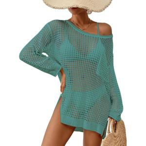 imageBsubseach Crochet Cover Up for Swimwear Women Pool Swimsuit Coverup Long Sleeve Beach Knit TopsGreen