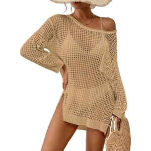 imageBsubseach Crochet Cover Up for Swimwear Women Pool Swimsuit Coverup Long Sleeve Beach Knit TopsKhaki