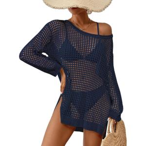 imageBsubseach Crochet Cover Up for Swimwear Women Pool Swimsuit Coverup Long Sleeve Beach Knit TopsNavy Blue