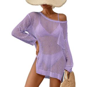 imageBsubseach Crochet Cover Up for Swimwear Women Pool Swimsuit Coverup Long Sleeve Beach Knit TopsPurple