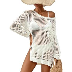 imageBsubseach Crochet Cover Up for Swimwear Women Pool Swimsuit Coverup Long Sleeve Beach Knit TopsWhite