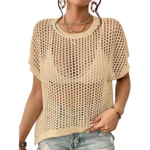 imageBsubseach Crochet Cover Ups for Swimwear Women Hollow Out Knit Bikini Beach Swimsuit Cover Up Summer Crochet TopApricot