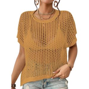 imageBsubseach Crochet Cover Ups for Swimwear Women Hollow Out Knit Bikini Beach Swimsuit Cover Up Summer Crochet TopCamel