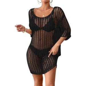 imageBsubseach Crochet Coverups for Women See Through Knitted Bathing Suit Cover Up Bikini Swimwear Mesh Beach DressBlack