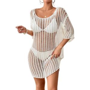 imageBsubseach Crochet Coverups for Women See Through Knitted Bathing Suit Cover Up Bikini Swimwear Mesh Beach DressWhite