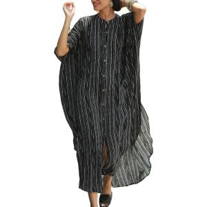 imageBsubseach Kaftan Dresses for Women Beach Cover Up Caftans for Women Long Button Up Shirt Kaftan DressesAblack Striped