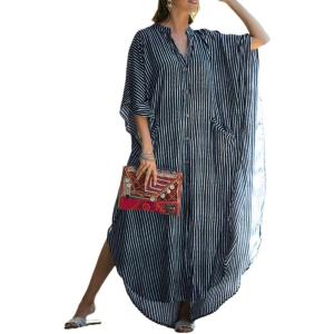 imageBsubseach Kaftan Dresses for Women Beach Cover Up Caftans for Women Long Button Up Shirt Kaftan DressesAblack White Stripes
