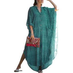 imageBsubseach Kaftan Dresses for Women Beach Cover Up Caftans for Women Long Button Up Shirt Kaftan DressesAgreen Stripes