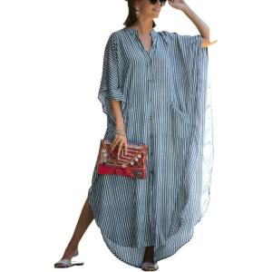 imageBsubseach Kaftan Dresses for Women Beach Cover Up Caftans for Women Long Button Up Shirt Kaftan DressesAgrey Stripes
