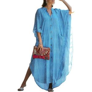 imageBsubseach Kaftan Dresses for Women Beach Cover Up Caftans for Women Long Button Up Shirt Kaftan DressesAlight Blue