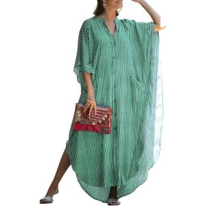 imageBsubseach Kaftan Dresses for Women Beach Cover Up Caftans for Women Long Button Up Shirt Kaftan DressesAlight Green