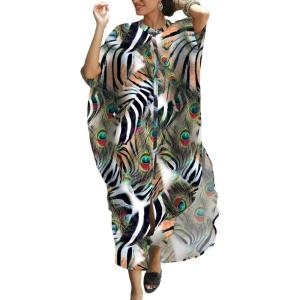 imageBsubseach Kaftan Dresses for Women Beach Cover Up Caftans for Women Long Button Up Shirt Kaftan DressesApeacock Feather