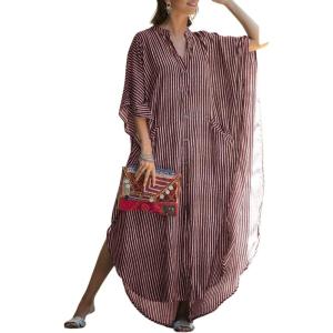 imageBsubseach Kaftan Dresses for Women Beach Cover Up Caftans for Women Long Button Up Shirt Kaftan DressesAred