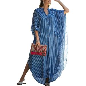 imageBsubseach Kaftan Dresses for Women Beach Cover Up Caftans for Women Long Button Up Shirt Kaftan DressesBlue Striped