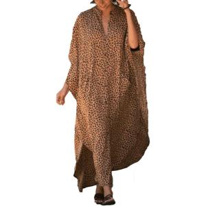 imageBsubseach Kaftan Dresses for Women Beach Cover Up Caftans for Women Long Button Up Shirt Kaftan DressesBrown