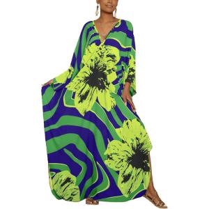 imageBsubseach Kaftan Dresses for Women Plus Size Beach Swimsuit Cover Up V Neck Caftan Dress LoungewearEblue Green