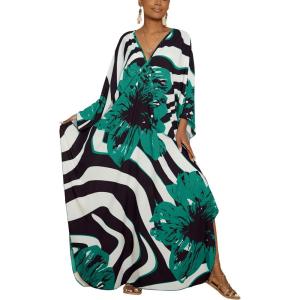 imageBsubseach Kaftan Dresses for Women Plus Size Beach Swimsuit Cover Up V Neck Caftan Dress LoungewearEpeacock Green Flower