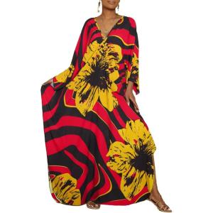 imageBsubseach Kaftan Dresses for Women Plus Size Beach Swimsuit Cover Up V Neck Caftan Dress LoungewearEred Yellow