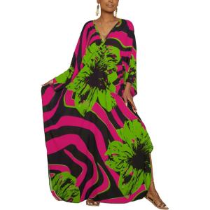imageBsubseach Kaftan Dresses for Women Plus Size Beach Swimsuit Cover Up V Neck Caftan Dress LoungewearErose Pink Green Flowers