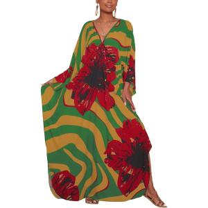 imageBsubseach Kaftan Dresses for Women Plus Size Beach Swimsuit Cover Up V Neck Caftan Dress LoungewearEturmeric Red Flowers