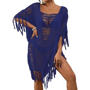 imageBsubseach Sheer Beach Cover Ups for Women Swimwear Fringe Hollow Out Swimsuit Coverup Sexy Beach Bathing Suit Cover UpBlue